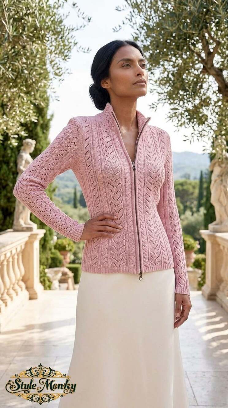 Rubbish Full Zip Cardigan Size XS Pink Cable Knit Mock Neck Sweater